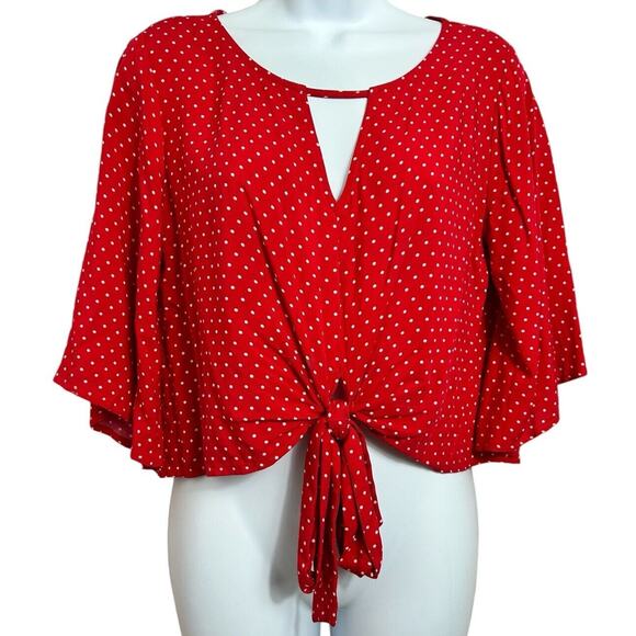 Mossimo Red Polka Dot Blouse Sz XS Front Tie V-Neck Keyhole Top Rockabilly Retro - Picture 5 of 7